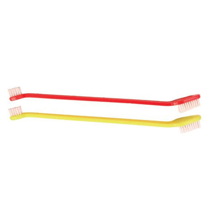 To gule og røde Trixie-tandbørster på hvid baggrund, der fremmer god mundhygiejne.
