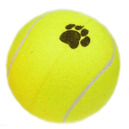 En Stor XXXL 25 cm gul tennisbold med poteprint på.
