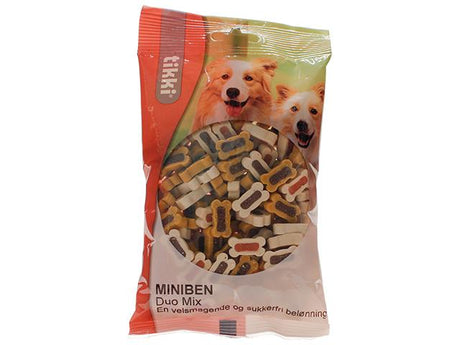 En pose Hunde Godbidder til hunden (tikki miniben duomix) hundegodbidder på hvid baggrund.