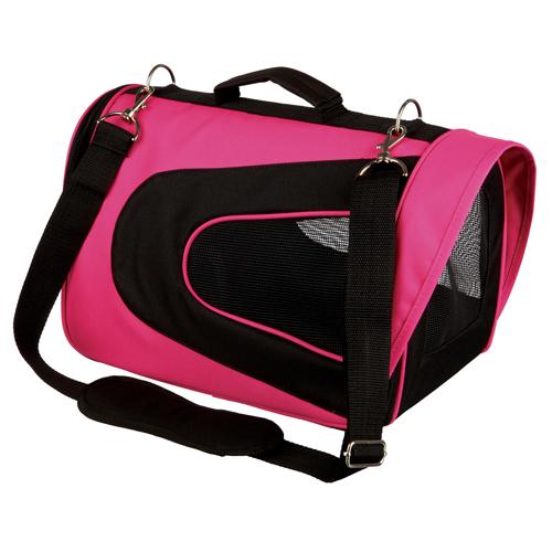 En pink og sort polyester kæledyrsbærer med lufttilførsel på hvid baggrund, Trixie Transporttaske "Alina" til marsvin & små kaniner.
