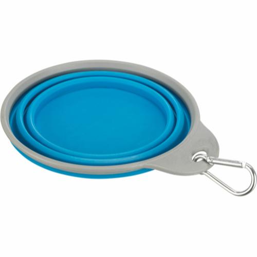 En Trixie foldbar blå skål med et håndtag fastgjort til den, perfekt til smart rejse med din hund.