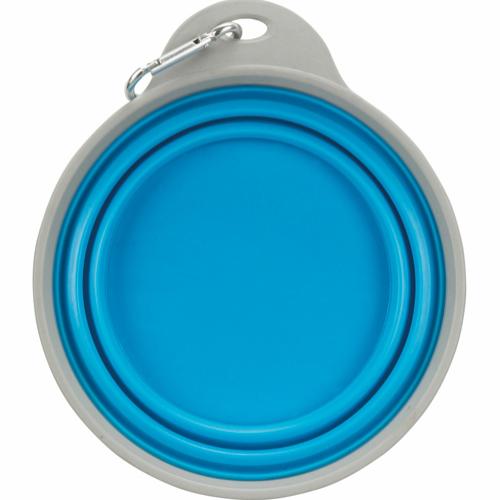En Trixie foldbar blå rejseskål med håndtag, perfekt til rejser.