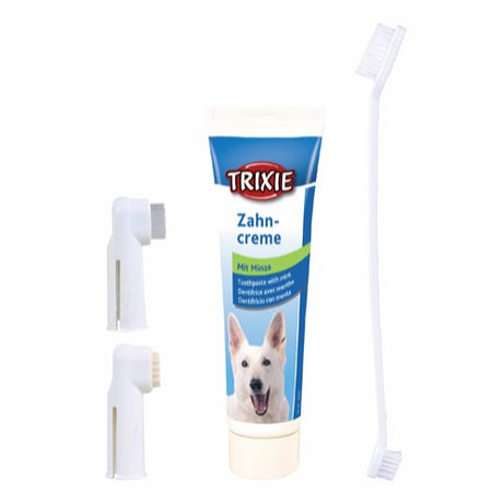 Beskrivelse: En Trixie hunde tandplejesæt til hunde, med tandbørster og tandpasta.