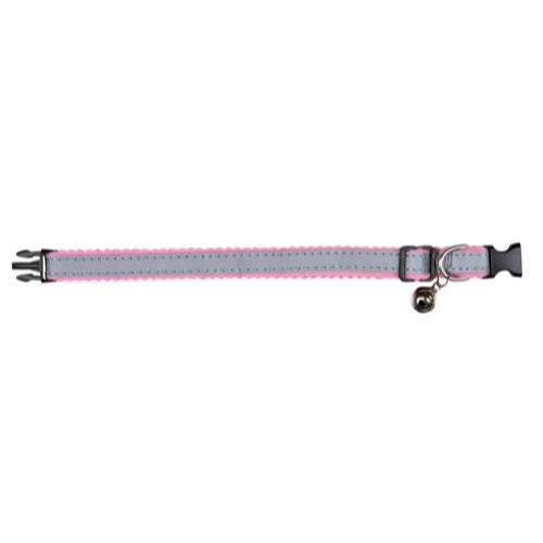 Beskrivelse: Et rosa Trixie kattehalsbånd m/ reflex og klokke med en metallspenne.