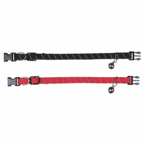 To sorte og røde Kattehalsbånd kraver med en elastisk båndline, velegnet til butik katte, på hvid baggrund.
