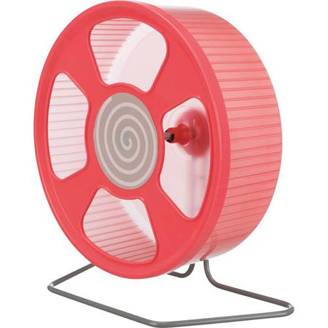 Et rødt og hvidt snurrende Trixie Hamsterhjul løbehjul på stativ.