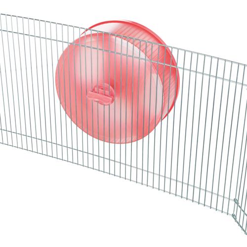 Et Trixie hamsterbur i plast med rød bold og Hamsterhjul til træning.