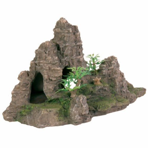 En Trixie dekorativ stenhave med en Akvarie naturlig dekoration, fjelde med huler og planter i.