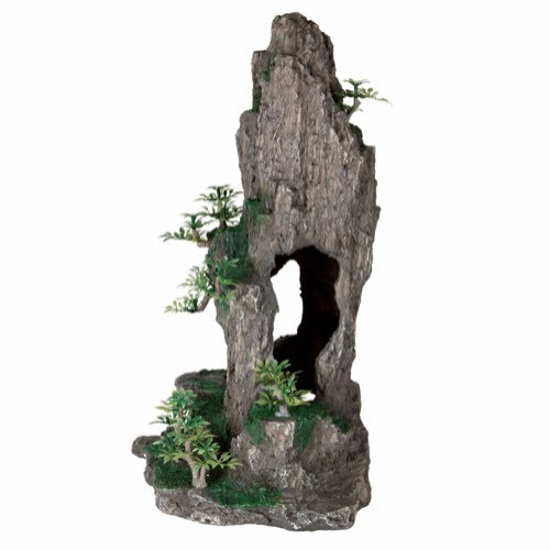 En dekorativ statue af en Trixie Akvarie naturlig dekoration, høje fjelde med huler og planter, perfekt til akvarier eller som akvariehule (akvariet, dekorativ, akvariehule).