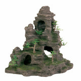 En dekorativ model af en klippeformation med planter i en Trixie Akvarie naturlig dekoration, høje fjelde med huler og planter.