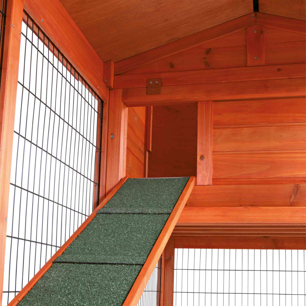 Kaninbur udendørs, rødbrun, med stor løbegård. 199x146x93 cm - Leveret gratis lige til døren