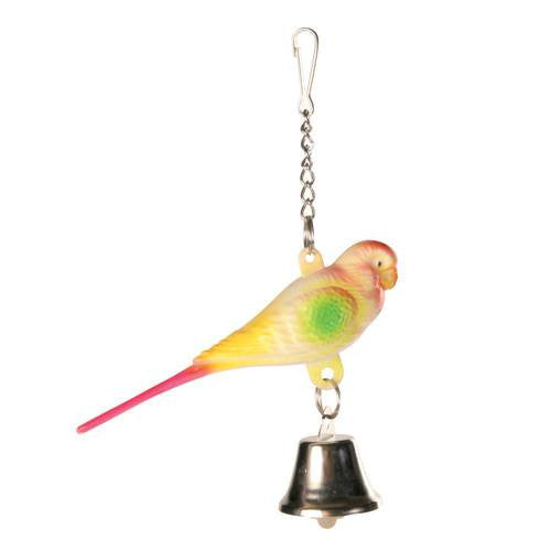 En farverig fugl med en klokke hængende på en Trixie ophæng.