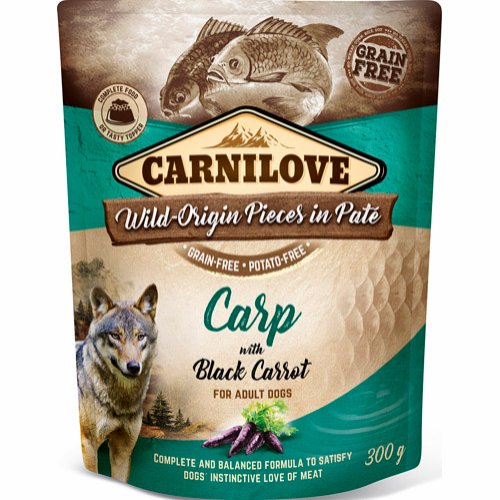 Carnilove Vådfoder POUCH, Kornfri & Glutenfri med fisk & sorte gulerødder til hunde fra Carnilove with pate carp.
