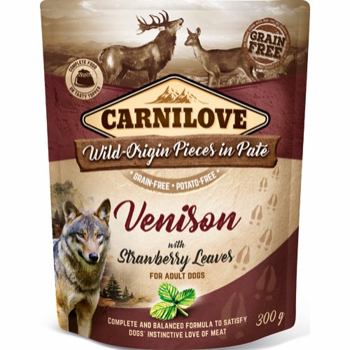 Carnilove Vådfoder POUCH, Kornfri & Glutenfri med vildt & jordbærblade til hunde fra Carnilove.