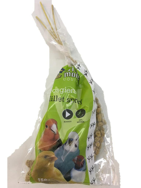 En pose fuglefoder med lækre frø og Hirsekolber Gule fra Country, 150gr, i en plastpose.