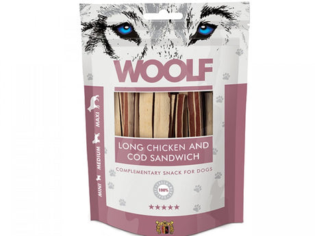 Woolf's Hundegodbidder fra Woolf, bløde sandwich stænger fisk & kylling, med en lang form.