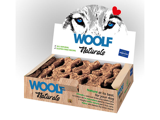 Beskrivelse: Woolf hundegodbidder - glutenfri & med glucosamin i æske, lavet med bone beef/veggie/glukosamin (produceret i EU).