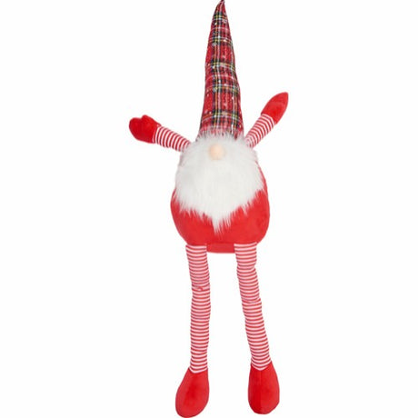 En rød og hvid plys yndig Hundebamse, forestillende en sød Julemand med nuance 84cm, stående på en hvid baggrund. Mærkenavn: GOOD BOY.