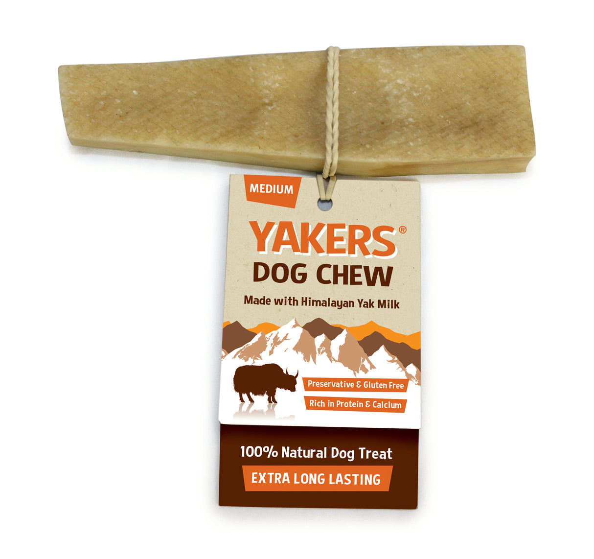 Yakers Dog Chew med tag på er lavet af Tyggeben, Yak oksemælk - glutenfri, lang tyggetid.