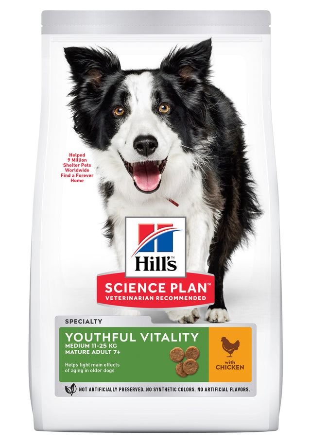 Hills Science Plan Senior Vitality Hundefoder til mellemstore racer er blevet erstattet med "12 kg Hill's Senior Vitality til medium racer over 7 år fra Hill's Science Plan.